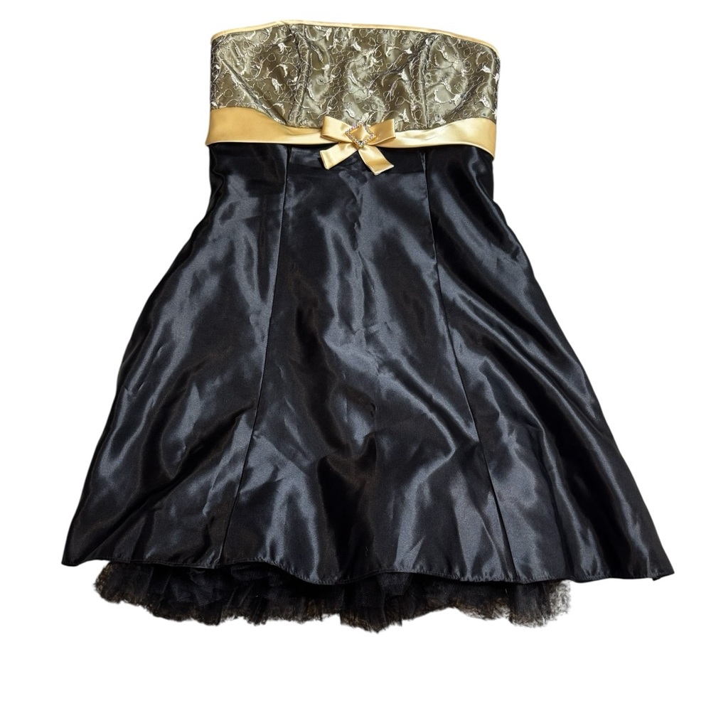 👗 Vintage Jessica McClintock Gunne Sax Black & Gold‎ Strapless Party Dress ✨